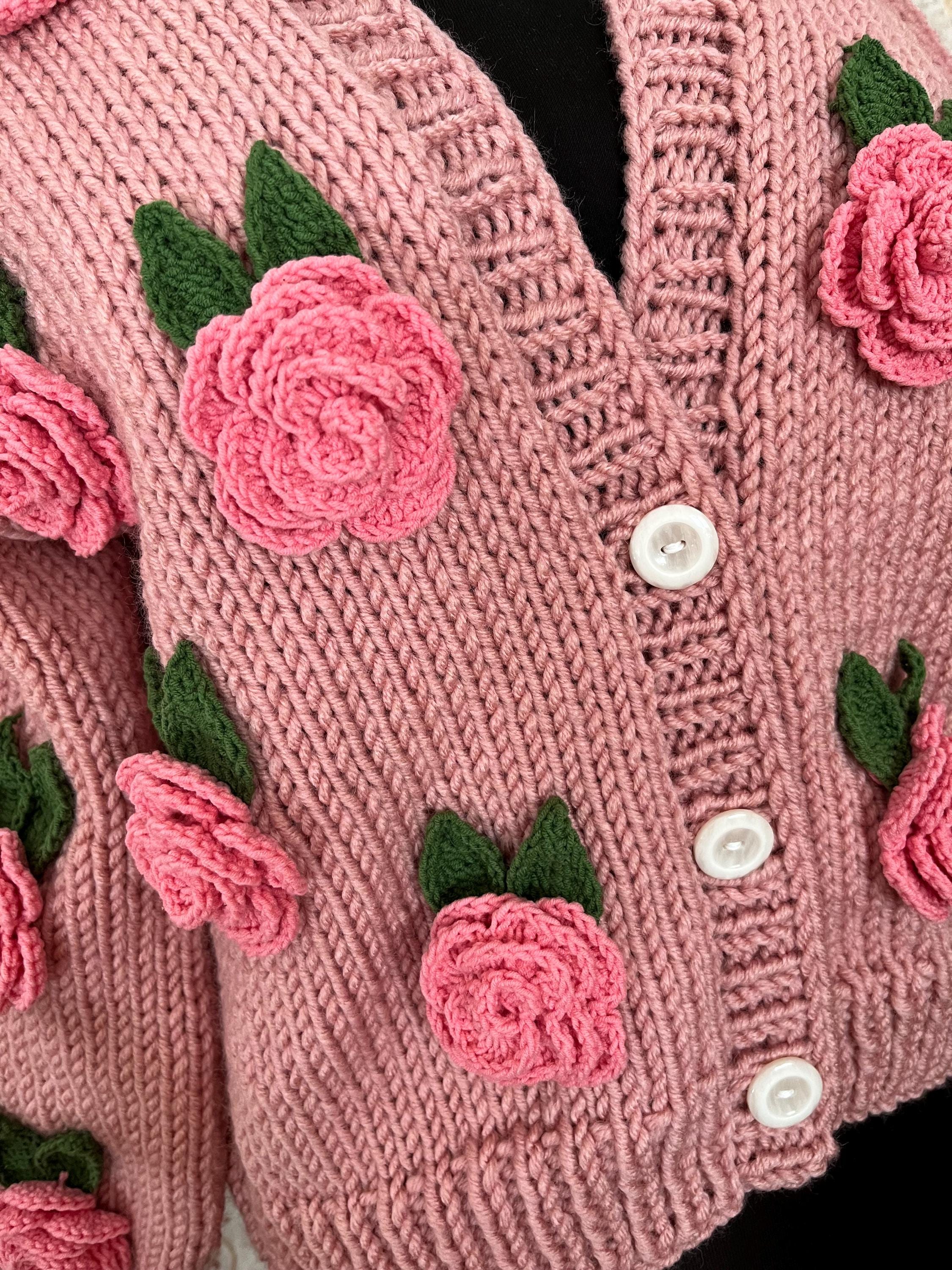 Handmade Wool Blend Cropped Cardigan: Pink Roses Knit Sweater - Etsy