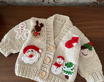 Personalized Baby Christmas Knit Cardigan: Santa, Cookies, Holiday Outfit