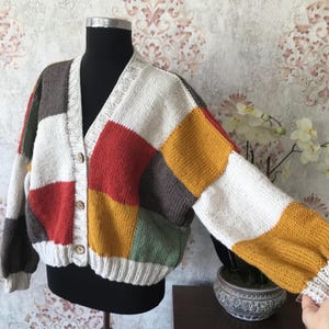 Hand knit Patchwork Jacket, Harry Styles Oversized colorblock sweater, Cardigan for women, Handmade Knitwear, spring sweater, Handmade gifts
