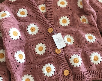 Crochet sunflower Cardigan: Knitted Floral Cotton Blend Sweater