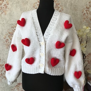 Valentines gift heart embroidery cardigan, crochet heart crop knitted, valentines gift for her, girlfriend love cardigan, women clothing