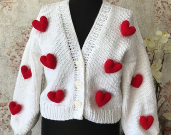 Gift for girlfriend, 3D red heart cardigan, knitted women sweater, love jumper, heart embroidery cardigan, gifts for her, mothers day gift