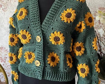 Sunflower Crochet Cardigan: Handmade Knitted Floral Cropped Sweater