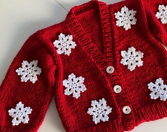 Crochet snowflake motif christmas cardigan for sale, knitted christmas gift red cardigan for baby, hand knit winter sweater for toddler