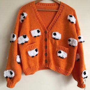 Chunky Knit Sheep Cardigan – Handmade Orange Sweater Jacket