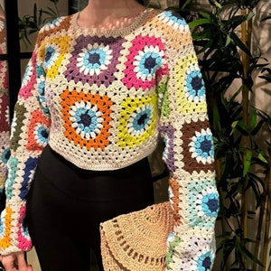 Evil Eye crochet colorful cropped sweater, crochet long sleeve crop top, Eye Square Jumper Gift, girlfriend gift, summer style