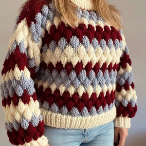 Striped Bubble Chunky Knit Sweater,custom striped sweater, knitted jumper, cozy wool cardigan, trendy woman gift,wool knit coat, y2k fashion