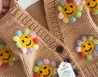 Knit Daisy smile Cardigan for baby toddler, Kids Sweater, Chunky Sweater for baby, Kids School Clothing, Handmade gift for baby and toddler