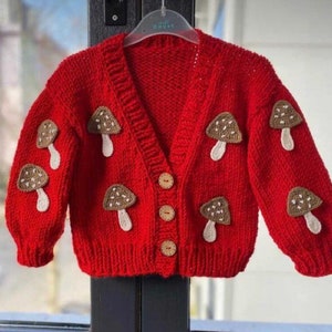 Hand knit Mushroom Cardigan for Kids, Embroidered Mushroom Cardigan, Baby mushroom Outfit, christmas gift for baby, birthday gift for Kids