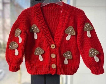 Hand knit Mushroom Cardigan for Kids, Embroidered Mushroom Cardigan, Baby mushroom Outfit, christmas gift for baby, birthday gift for Kids