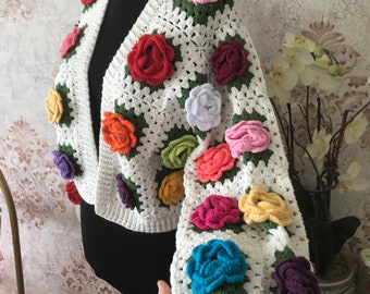 Crochet Jumbo Rose Cardigan, Handmade Rose Colorful Cardigan