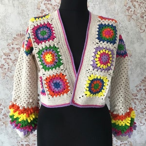 Handmade Colorful Crochet Granny Square Cardigan – Boho Openwork Jacket