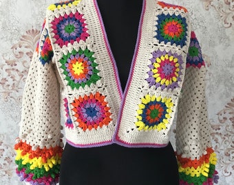 Crochet granny squares colorful cropped cardigan, long sleeve cropped cardigan, trendy chunky sweater, multicolor jacket, Mother’s Day gift