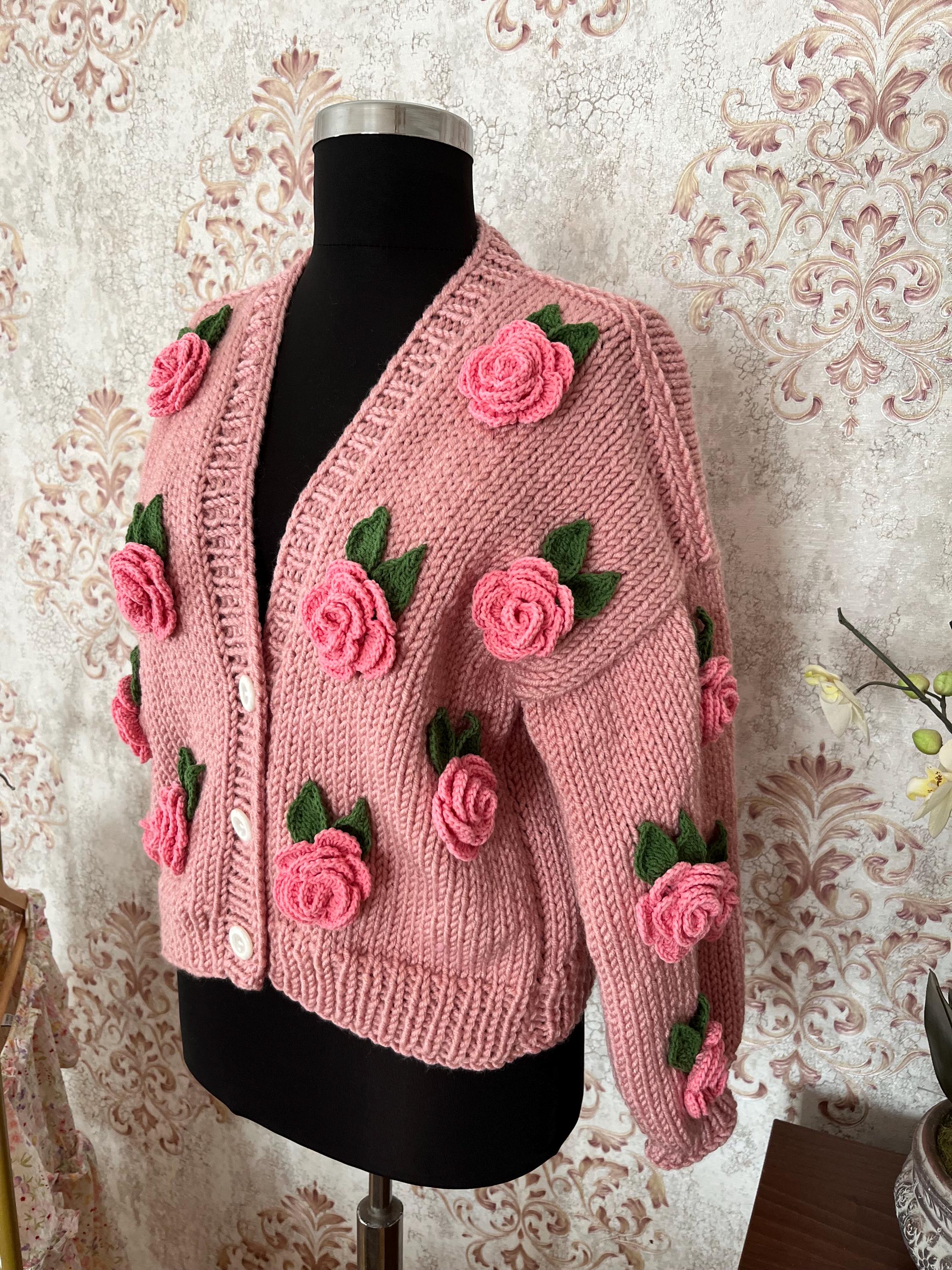 Handmade Wool Blend Cropped Cardigan: Pink Roses Knit Sweater - Etsy
