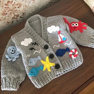 Knitted Sea Animals Cardigan: Embroidered Wool and Cotton Sweater for Toddler