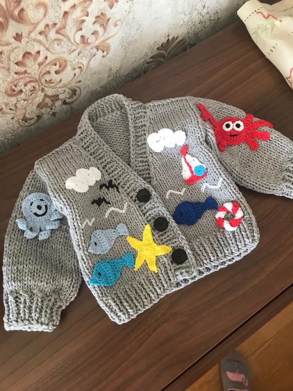 ASH BLUE KNIT SWEATER WITH EMBROIDERY AND CROCHET, CHILD ASH BLUE KNIT SWEATER WITH EMBROIDERY AND CROCHET, CHILD