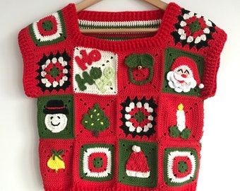 Crochet Christmas Sweater Vest: Santa Claus Cardigan, Holiday Outfit