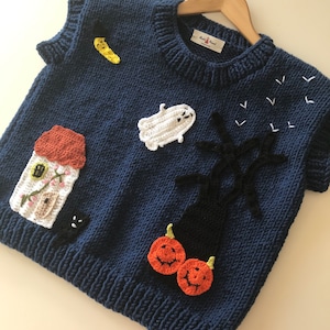 Handmade Knit Halloween Vest: Ghost, Pumpkin, and Haunted House