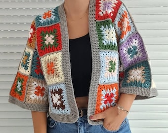 Cárdigan de patchwork de ganchillo: Suéter de algodón estilo boho hippie