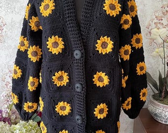Crochet Sunflower Cardigan: Handmade Cotton Blend Knit Sweater
