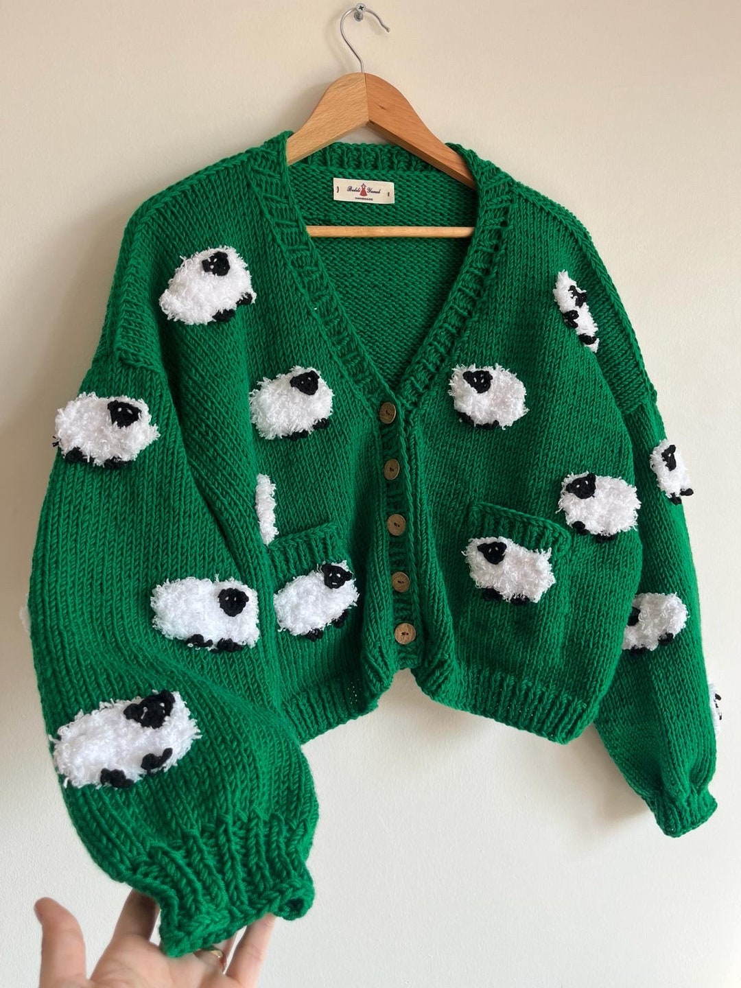 Handmade Green Sheep Cardigan: Chunky Knit Wool Blend Sweater