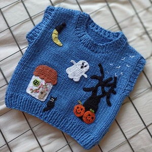 Handmade Halloween Knit Sweater Vest: Ghost, Pumpkin, and Cat Design