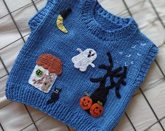 Handmade Halloween Knit baby Sweater Vest: Ghost, Pumpkin, and Cat Design