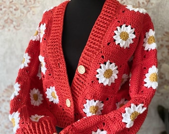 Cardigans rouges courts au crochet tournesol pour femmes, cardigan floral tricoté, cadeau de fête des mères fait main, pull marguerite rouge, fait sur mesure