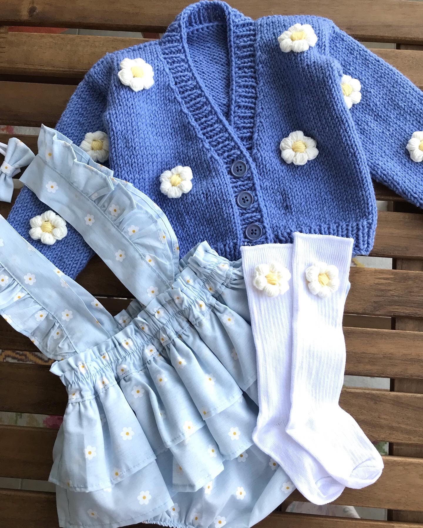 Hand-Knit Daisy Baby Outfit Cotton Romper, Cardigan, Socks, Headband