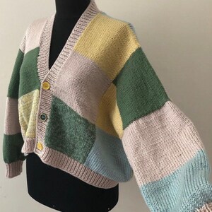 Hand Knit green Patchwork sweater, Patchwork jumper, Harry Styles Cardigan for women, Handmade Jumper, gift for women, colorblock sweater
