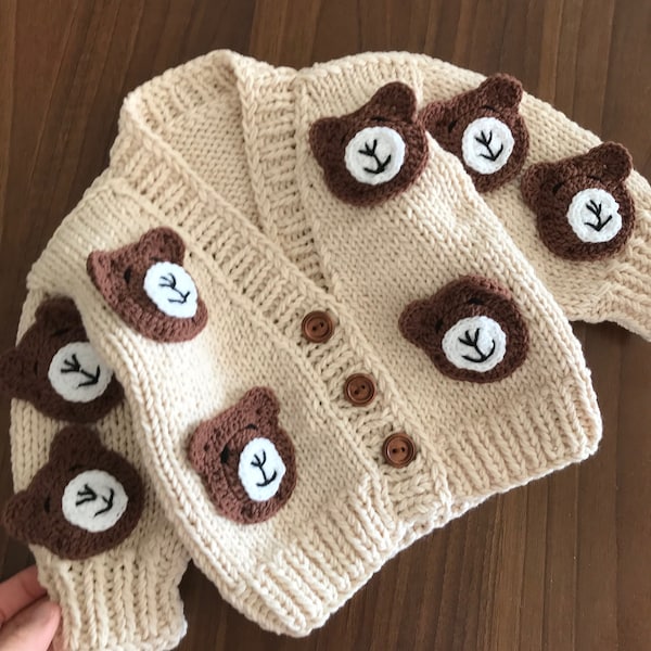 Baby teddy bear animals sweater, 3D embroidered teddy bear kids unisex Sweater, kids birthday sweater, knit Baby Newborn Gift, baby clothing