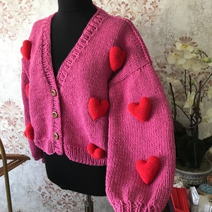Crochet %100 Cotton heart cardigan, knitted 3d heart sweater, custom order, 12 heart embroidery jumper,i, Valentine gift, Mother’s Day gift