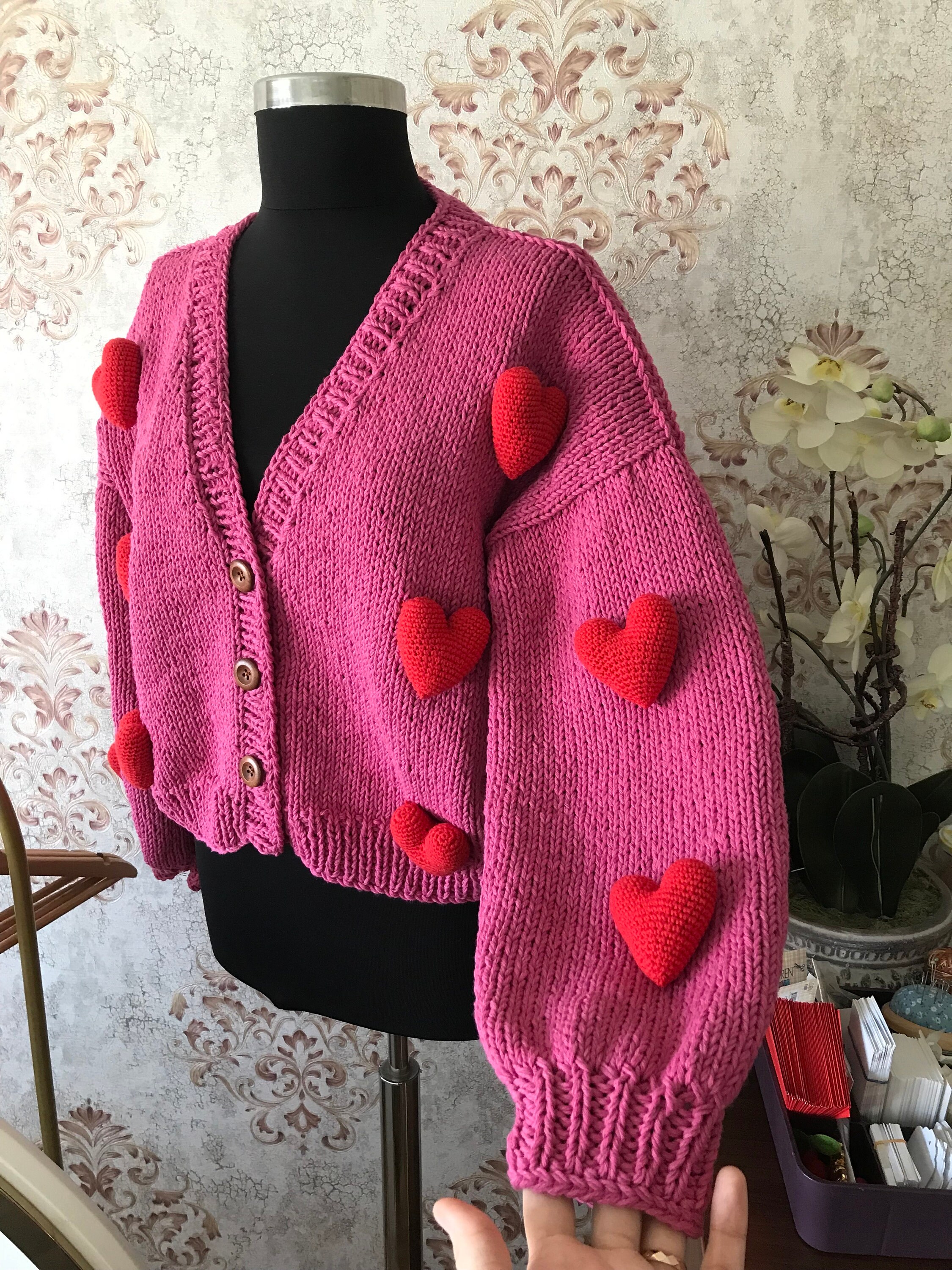 Crochet %100 Cotton Heart Cardigan, Knitted 3d Heart Sweater