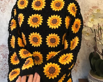 Sunflower gifts Crochet embroidery black sweater for women, trendy clothes, Chunky sweater, spring summer sweater, girlfriend gift