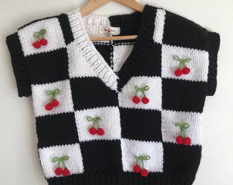 Handmade 3d cherry Y2K black and white checkered vest for women, 3D Cherry trendy chunky sweater vest, valentines day unique gift for her