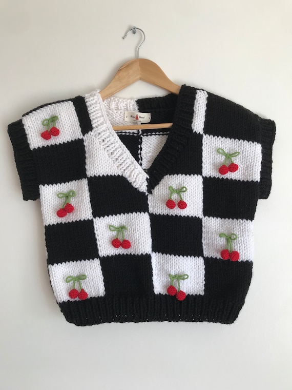 Handmade Cherry Sweater Vest: Y2K Checkered Knit Vest - Etsy
