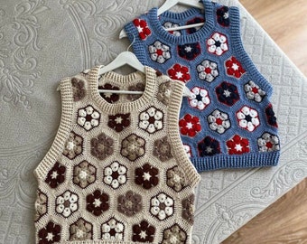 Carrés de grand-mère en tricot, gilets en coton au crochet pour femmes, gilet de festival, haut bohème carré de grand-mère, pull patchwork en tricot, cadeau fait main pour elle