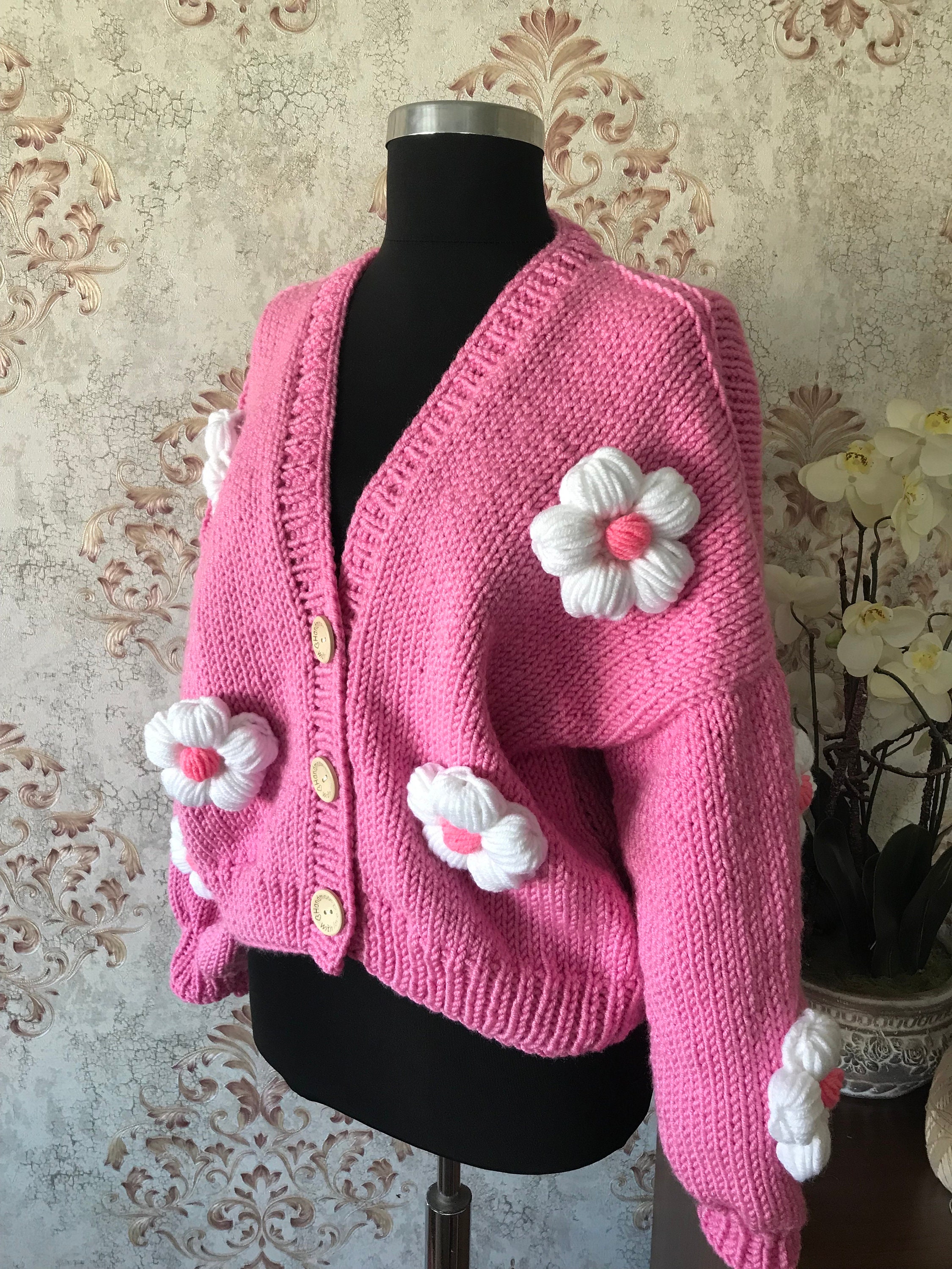 Handmade Chunky Daisy Cardigan: Oversized Pink Knit Jacket