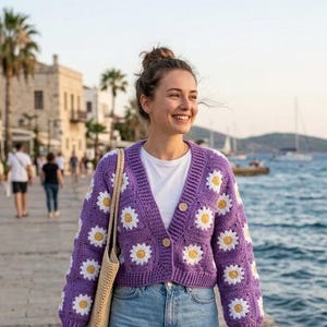 Handmade Daisy lilac Cardigan : boho knit sweater