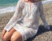 White Crochet Cotton Mini Dress: Elegant Lace Cover Up