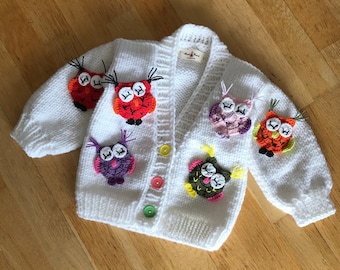 Owl colorful animals baby sweater, knitted sweater for children, crochet kids sweater, knit owl, bird motif sweater, birthday gift for baby