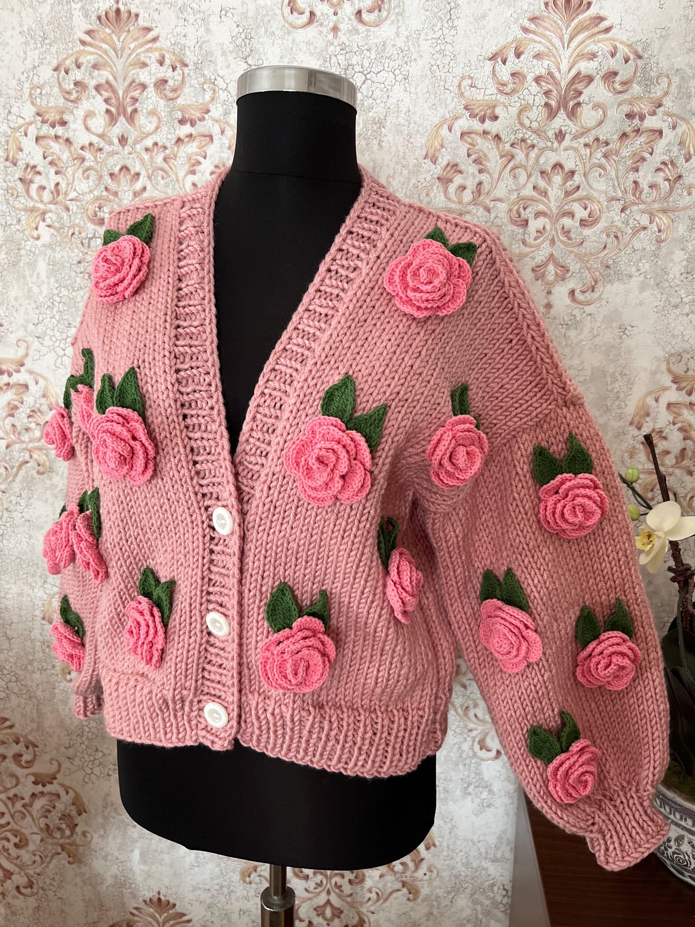 Handmade Wool Blend Cropped Cardigan: Pink Roses Knit Sweater - Etsy
