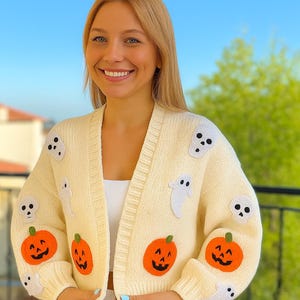 Halloween Pumpkin Cardigan, Handknit Ghost Skull & Spider Web Back Sweater, Cozy Halloween Knitwear, Limited Edition Spooky Holiday Gift
