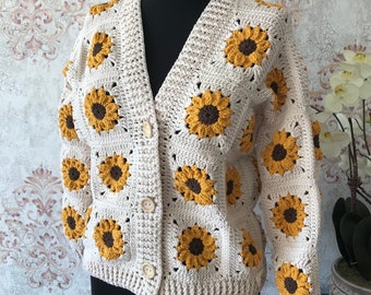 Crochet daisy cardigan, handmade stylish cardigan, spring clothing, handmade jumper, knit cardigan sweater, custom order, mothers day gift