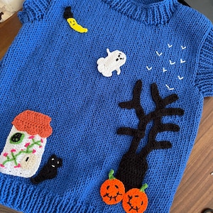 Vintage Knit Halloween Sweater Vest: Ghost, Pumpkin, Spooky Tree