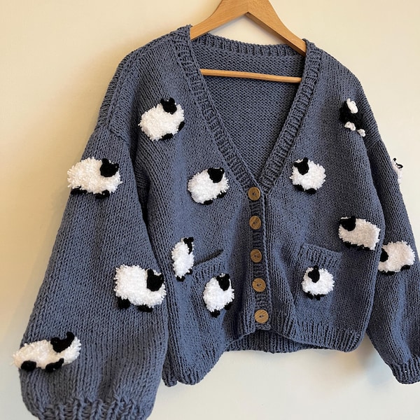 Hand Knitted blue Sheep Cardigan: Cotton Blend Oversize Jumper