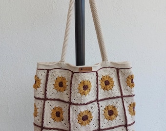 Sunflower Crochet Granny Square Bag: Handmade Cotton Boho Tote