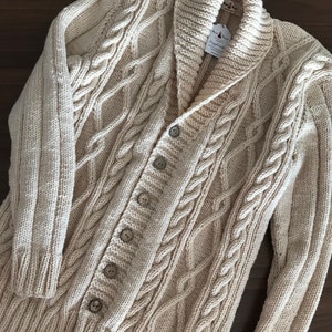 Hand Knit Merino Wool Cable Cardigan - Shawl Collar Fisherman Sweater