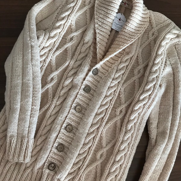 Fisherman Breasted cable Cardigan, soft Merino Wool Cable Knit Heavyweight Sweater Cardigan, Shawl V-neck Collar Cardigan Men, gift for him