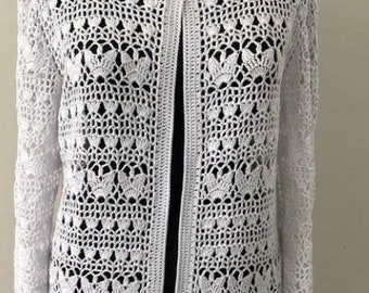 Weißer Langarm-Sommer-Cardigan, Pullover für Frauen, Hochzeitsbolero, Sommer-Baumwollbluse, Weiße Spitzen-Cardigan, handgestrickte leichte Strickjacke